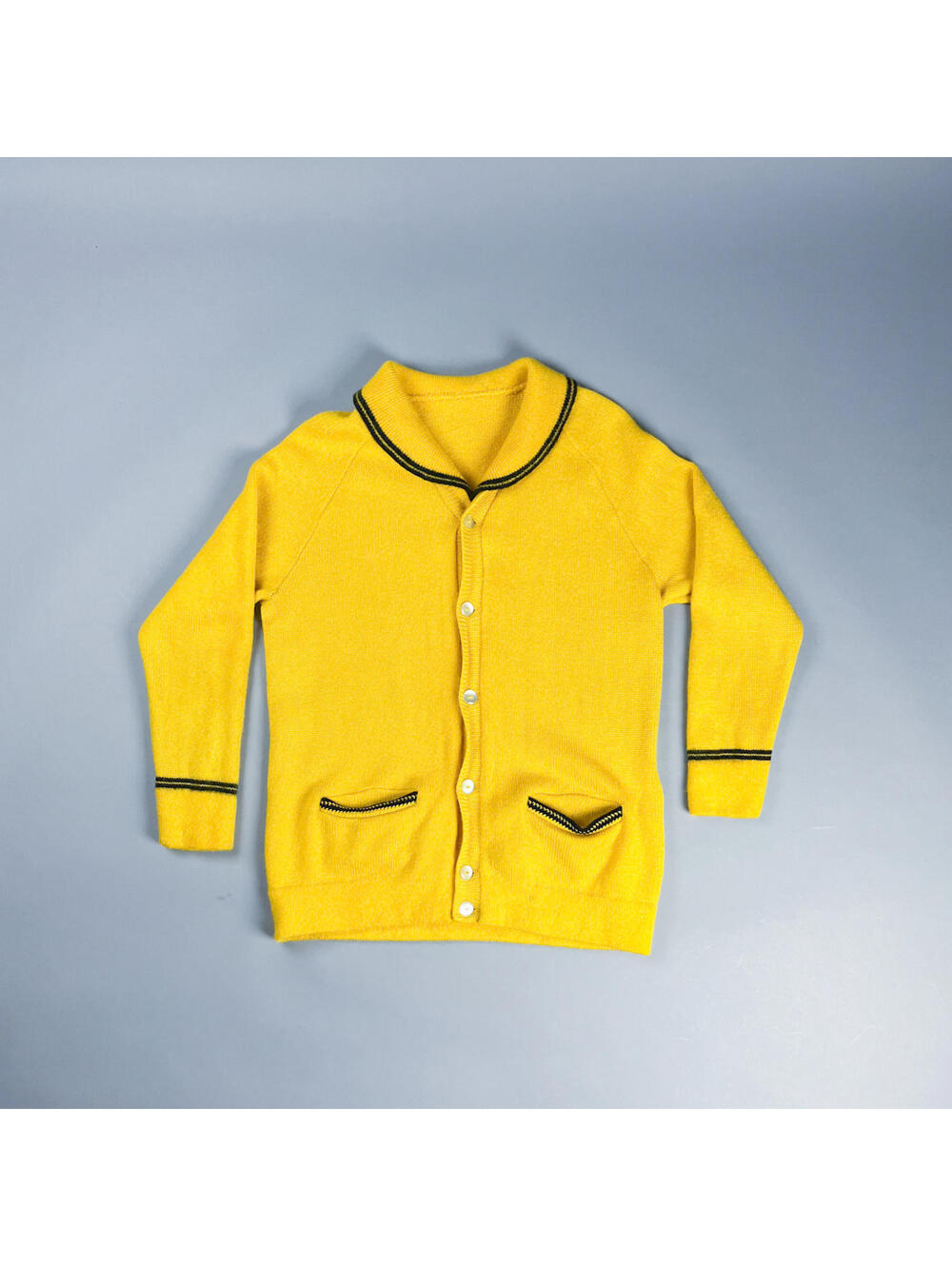 Vintage Wool Cardigan | 60's Bold Yellow Button-Up Sweater with Black Trim